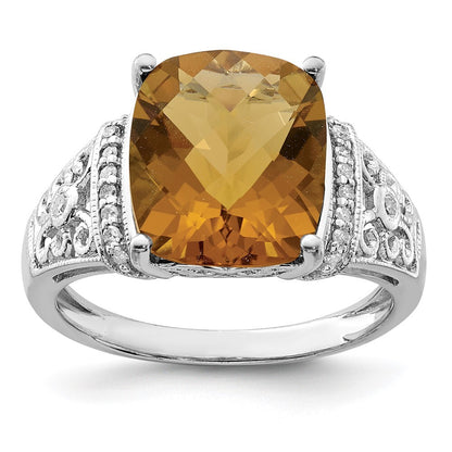 Sterling Silver Rhodium Diamond & Checker-Cut Whiskey Quartz Ring Size 7