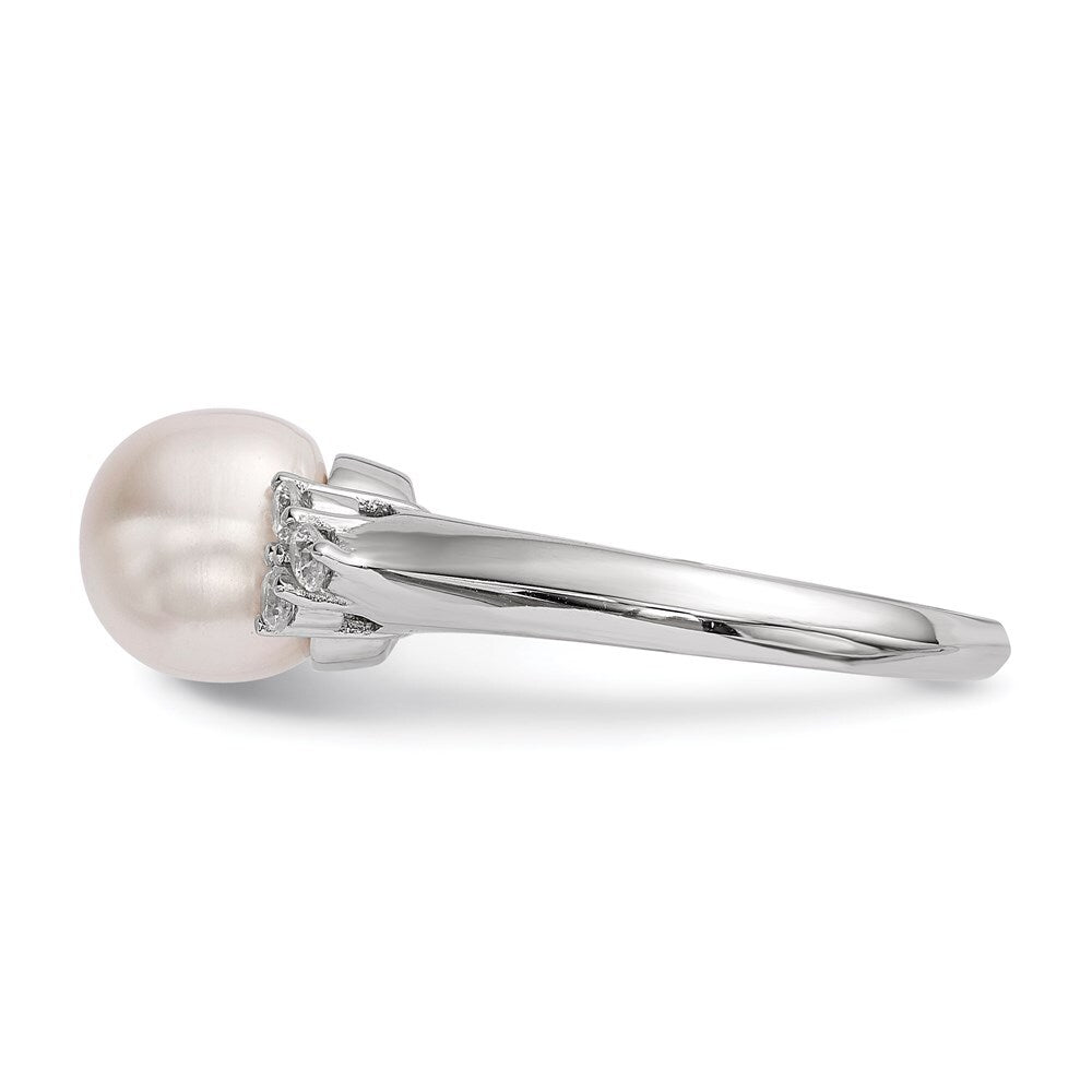 Sterling Silver 8-9mm White Button Freshwater Cultured Pearl and CZ Ring