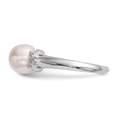Sterling Silver 8-9mm White Button Freshwater Cultured Pearl and CZ Ring