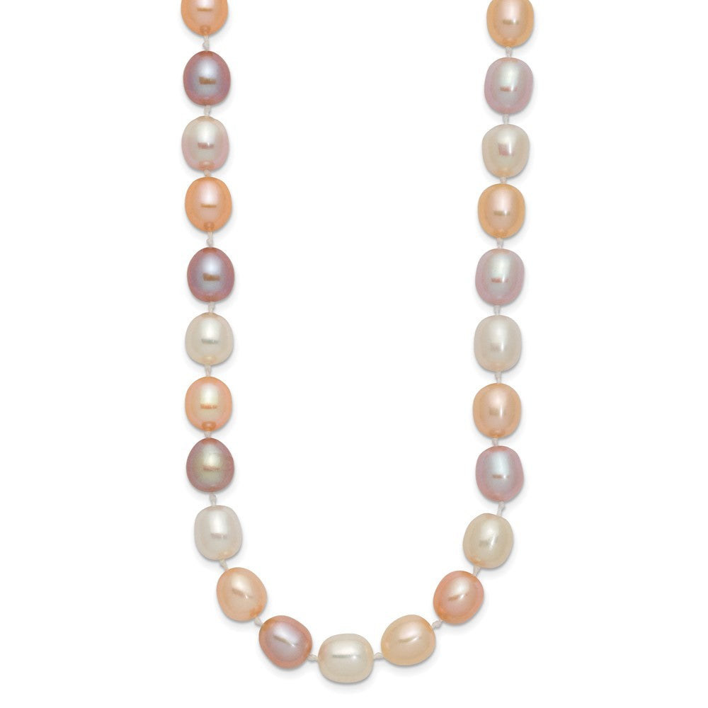 14k Yellow Gold 8mm Pink, Purple & White Color Rice Cultured Pearl Necklace 18"