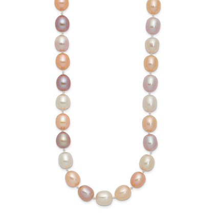 14k Yellow Gold 8mm Pink, Purple & White Color Rice Cultured Pearl Necklace 18"