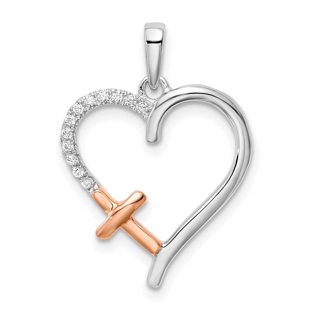 14k Two-tone Gold White and Rose Heart Cross Diamond Pendant