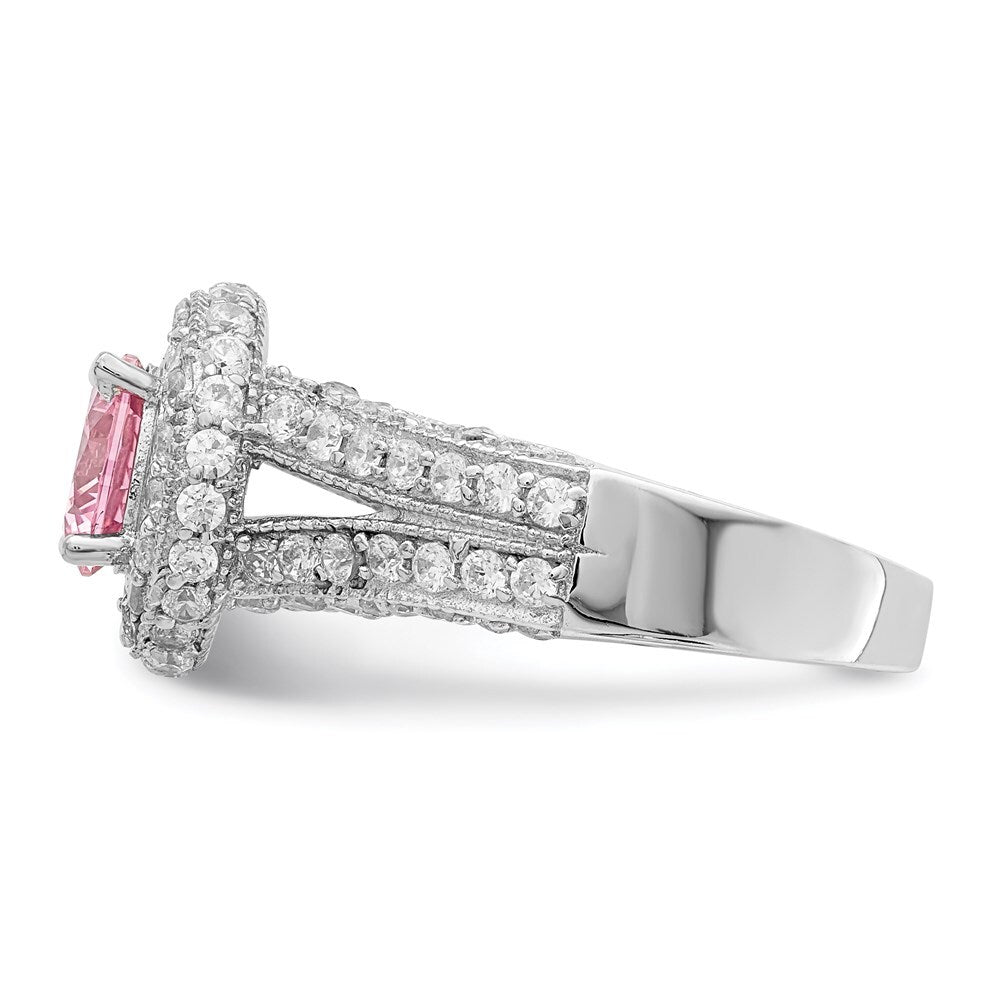 Sterling Silver Rhodium plated 10mm Clear Pink Heart Cubic Zirconia Ring Size 8