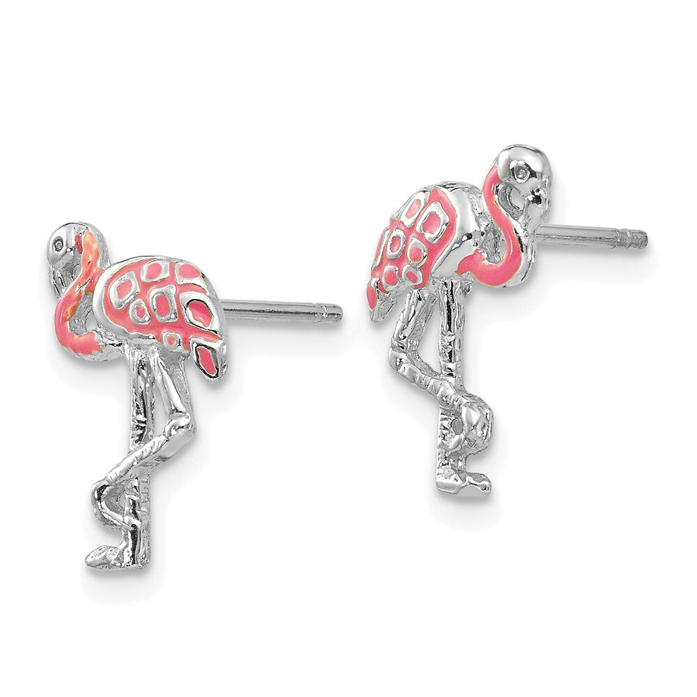 14K White Gold Pink Enameled Flamingo Stud Earrings Gift for Women