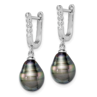Sterling Silver 9mm Black Tahitian Saltwater Cultured Pearl & CZ Dangle Earrings