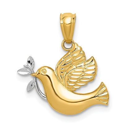 14k Yellow Gold Rhodium Polished Dove Olive Branch Pendant for Women
