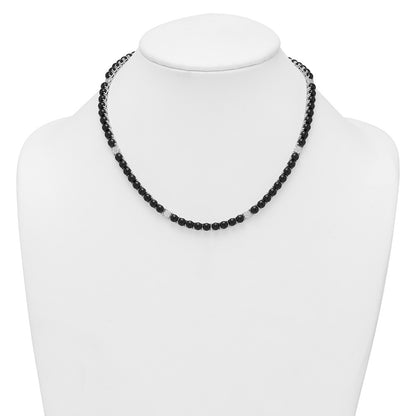 Sterling Silver Polished Pave CZ and Onyx 17 Inch with 3 Inch Extension Necklace