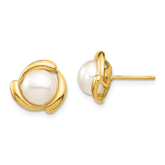 14k Yellow Gold 7-8mm White Button Freshwater Cultured Pearl Stud Earrings