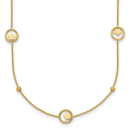 14k Yellow Gold Stars in Circle with Diamond-cut Beads 7-Station 16.75" Necklace