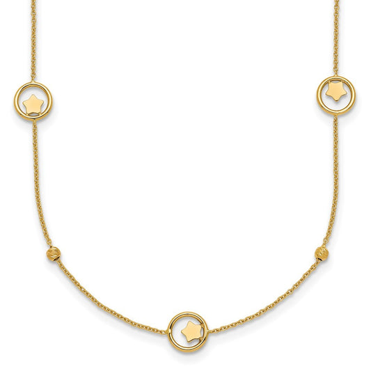 14k Yellow Gold Stars in Circle with Diamond-cut Beads 7-Station 16.75" Necklace