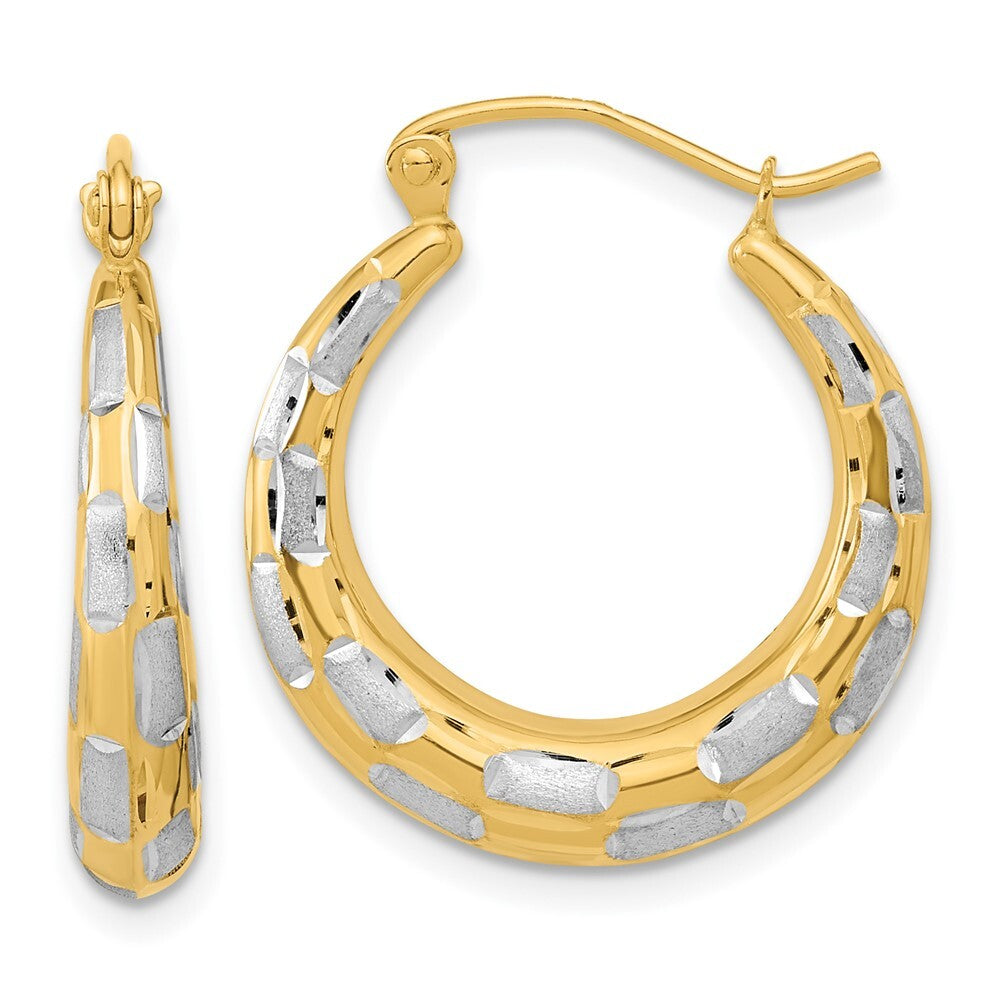 14k Yellow Gold White Rhodium Polished Satin Diamond-cut Hoop Earrings