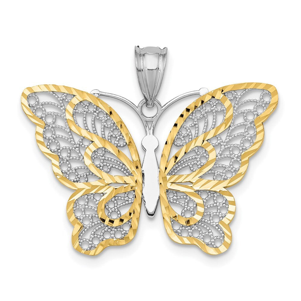14k White Gold Yellow Rhodium Polished Filigree Butterfly Pendant for Women