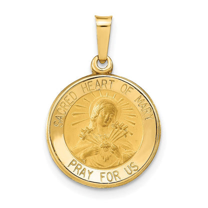 14k Yellow Gold Polished and Satin Sacred Heart of Mary Medal Hollow Pendant