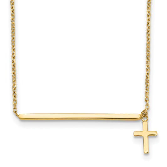 14k Yellow Gold  Bar with Dangle Cross 13" Choker Necklace Plus 2" Extender