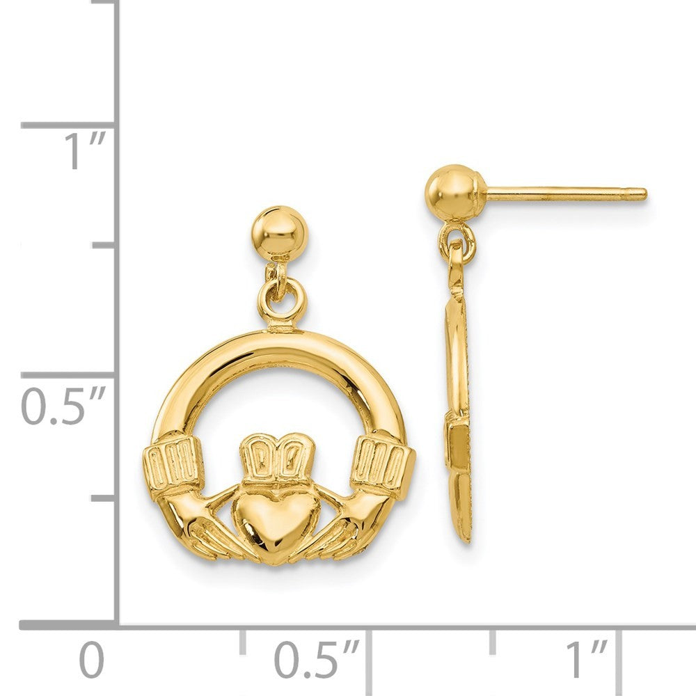14k Yellow Gold Dangling Claddagh Earrings