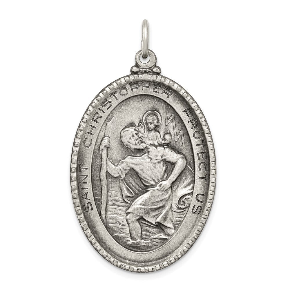 Sterling Silver Antiqued Saint Christopher Medal Pendant