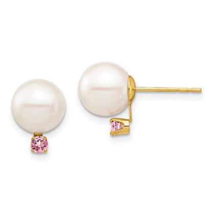 14k Yellow Gold 8-8.5mm Cultured Pearl & Pink Topaz Stud Earrings for Women