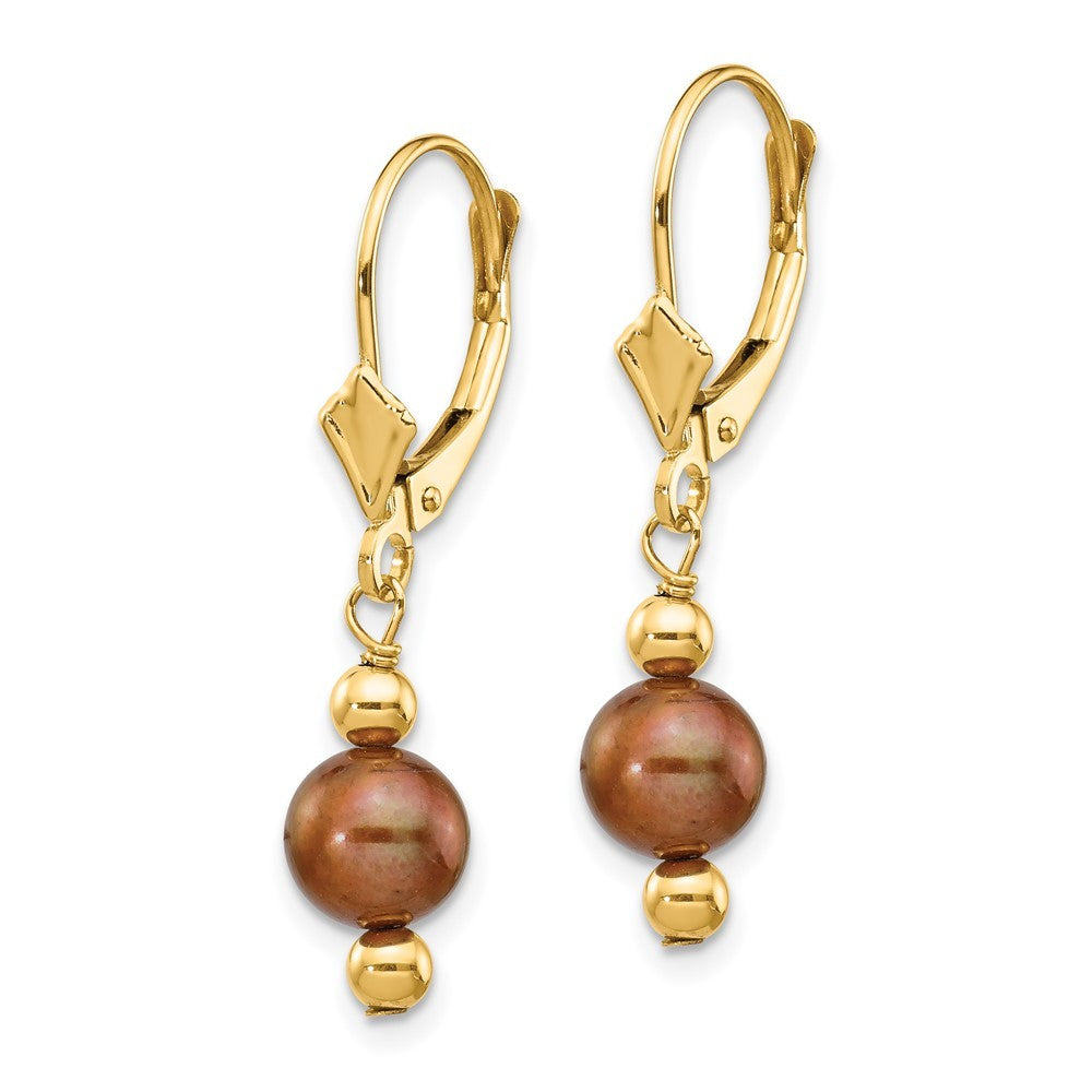 14k Yellow Gold 5-6mm Brown Semi-round Freshwater Cultured Pearl Dangle Earrings