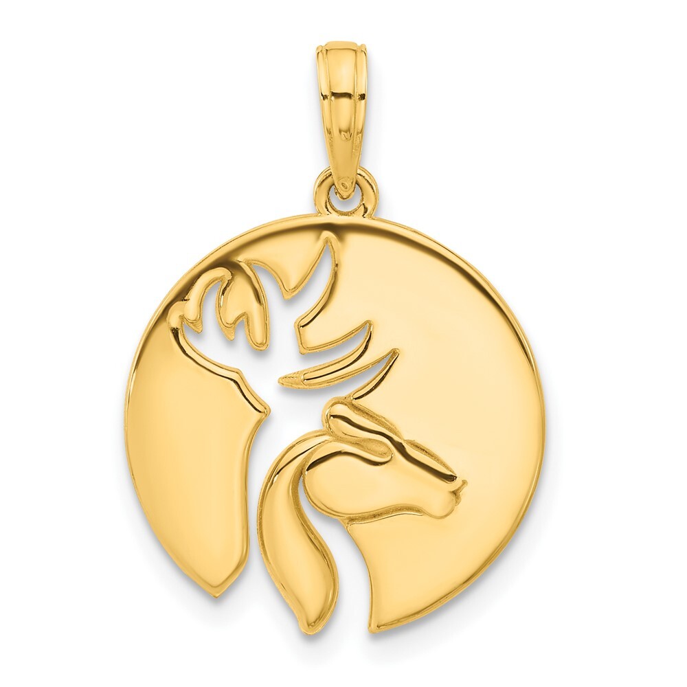 14k Yellow Gold Polished Cut-out Deer Head Circle Pendant for Women