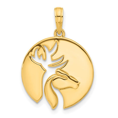 14k Yellow Gold Polished Cut-out Deer Head Circle Pendant for Women
