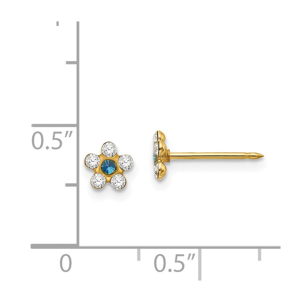 14k Yellow Gold Clear/Blue Crystal Flower Stud Earrings Gift for Women