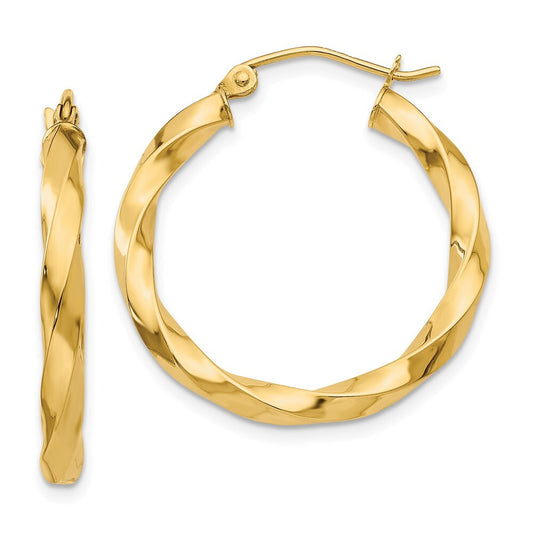 14k Yellow Gold Polished 3mm Twisted Hoop Earrings Gift for Women