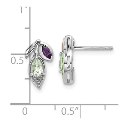 Sterling Silver Rhodium-plated Polished Amethyst and Green Quartz Leaf Earrings