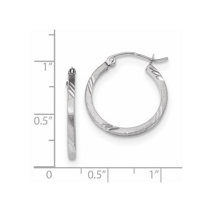 14k White Gold Satin Diamond-cut Square Tube Hoop Earrings