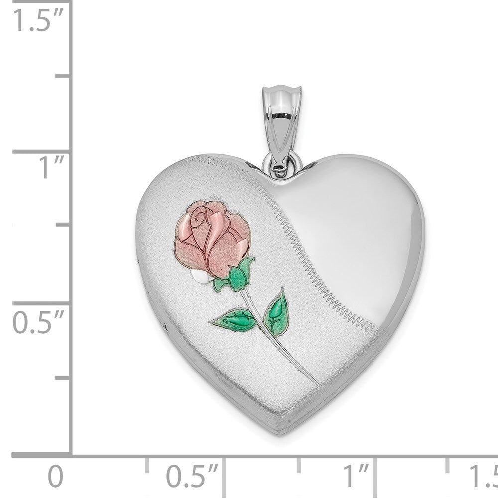Sterling Silver Rhodium-plated 24mm Satin Enameled & Diamond-cut Rose Locket