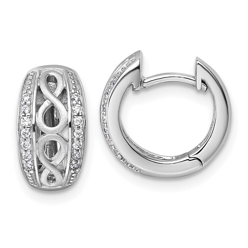 Sterling Silver Polished and Satin CZ Infinity Round Hinged Hoop Earrings