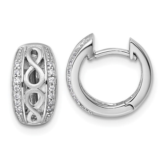 Sterling Silver Polished and Satin CZ Infinity Round Hinged Hoop Earrings