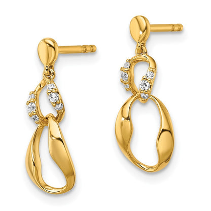 14k Yellow Gold Polished Diamond Wavy Oval Dangle Earrings