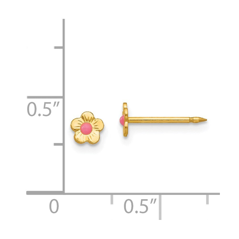 14k Yellow Gold Epoxy Fill Pink Mini Flower Stud Earrings Gift for Women