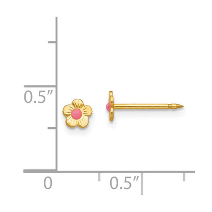 14k Yellow Gold Epoxy Fill Pink Mini Flower Stud Earrings Gift for Women