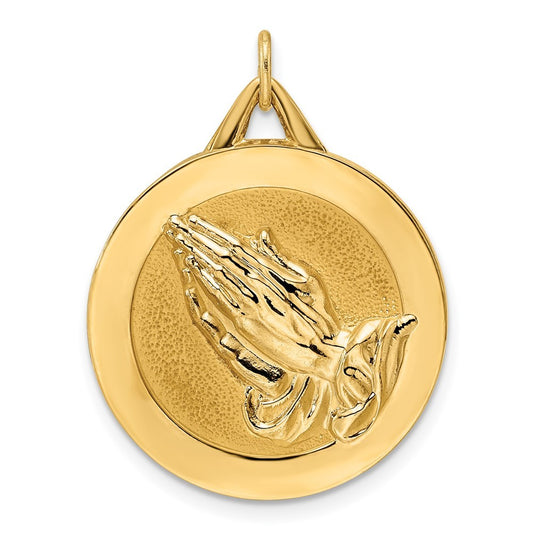 14k Yellow Gold Polished and Satin Solid Praying Hands Disc Pendant