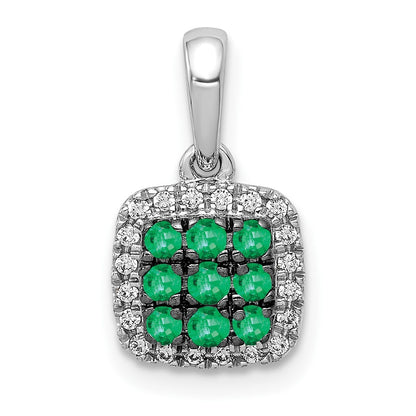 14k White Gold Black Rhodium Diamond and Emerald Cluster Square Halo Pendant