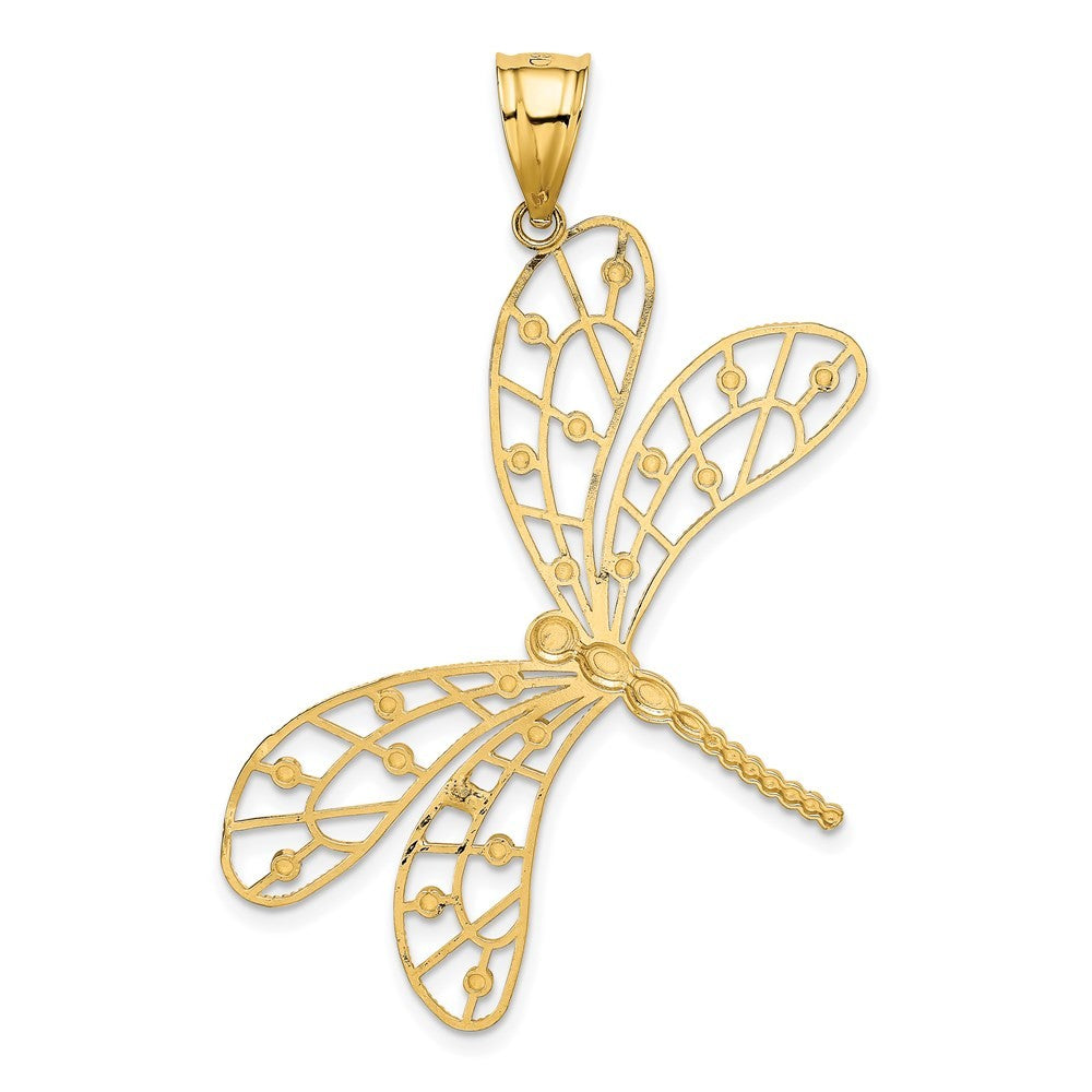 14k Yellow Gold Rhodium Polished Diamond-Cut Filigree Dragonfly Pendant