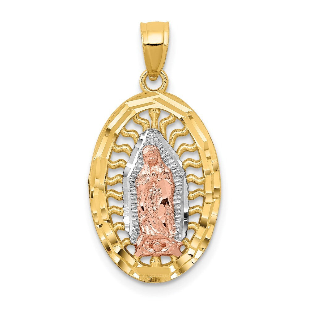 14k Two-tone Gold White Rhodium Diamond-Cut Lady of Guadalupe Charm Pendant