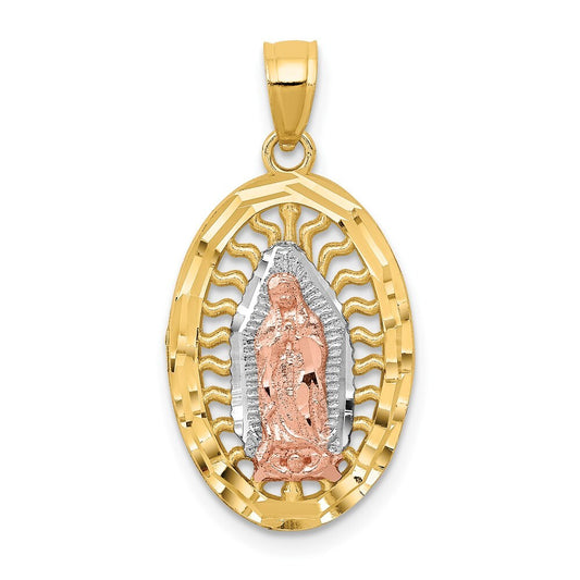 14k Two-tone Gold White Rhodium Diamond-Cut Lady of Guadalupe Charm Pendant