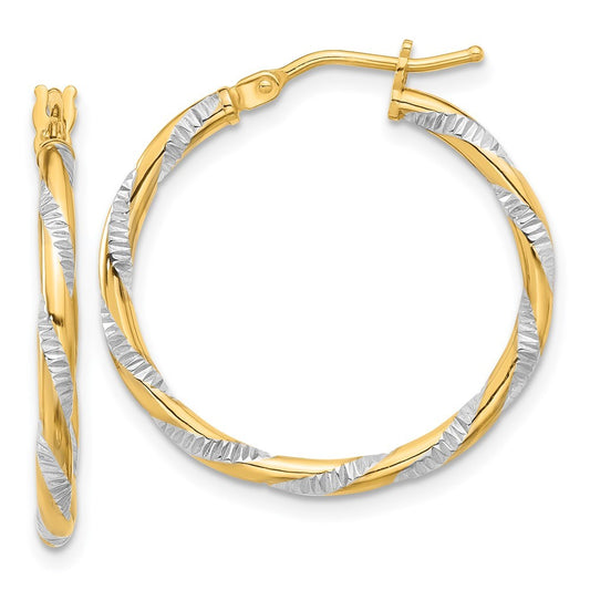14k Yellow Gold and White Rhodium Polished Diamond-cut Hoop Earrings