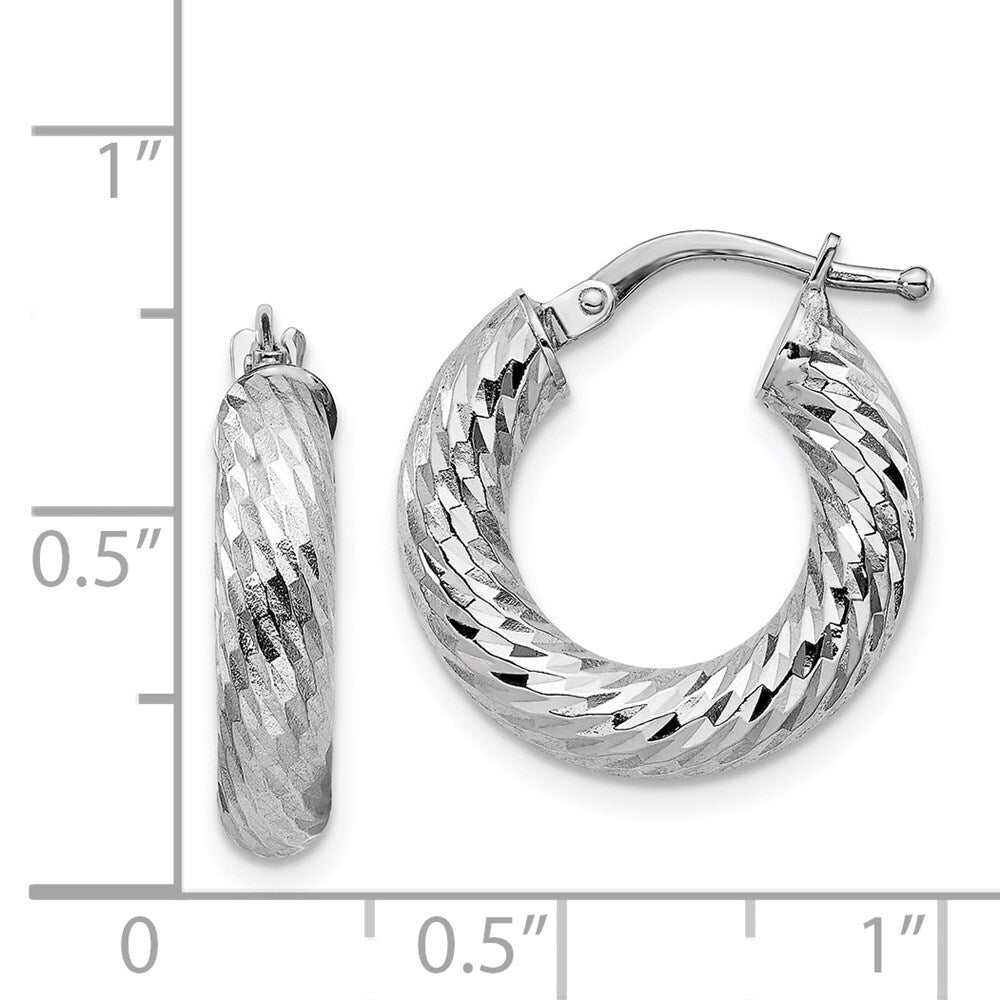 14k White Gold Diamond-cut Round Hoop Earrings Gift for Women