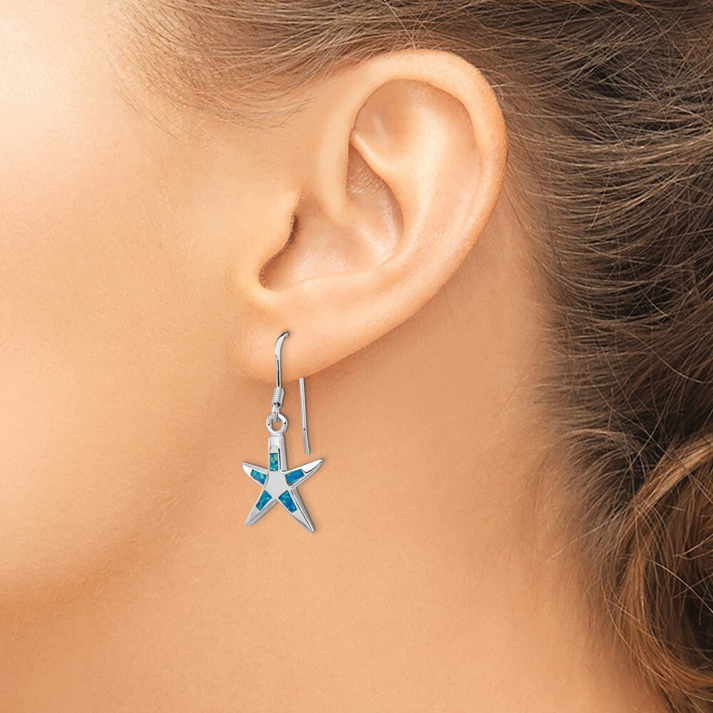 Sterling Silver Polished Created Blue Opal Inlay Starfish Dangle Earrings