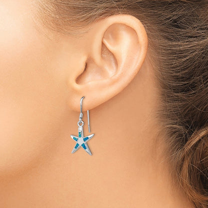 Sterling Silver Polished Created Blue Opal Inlay Starfish Dangle Earrings