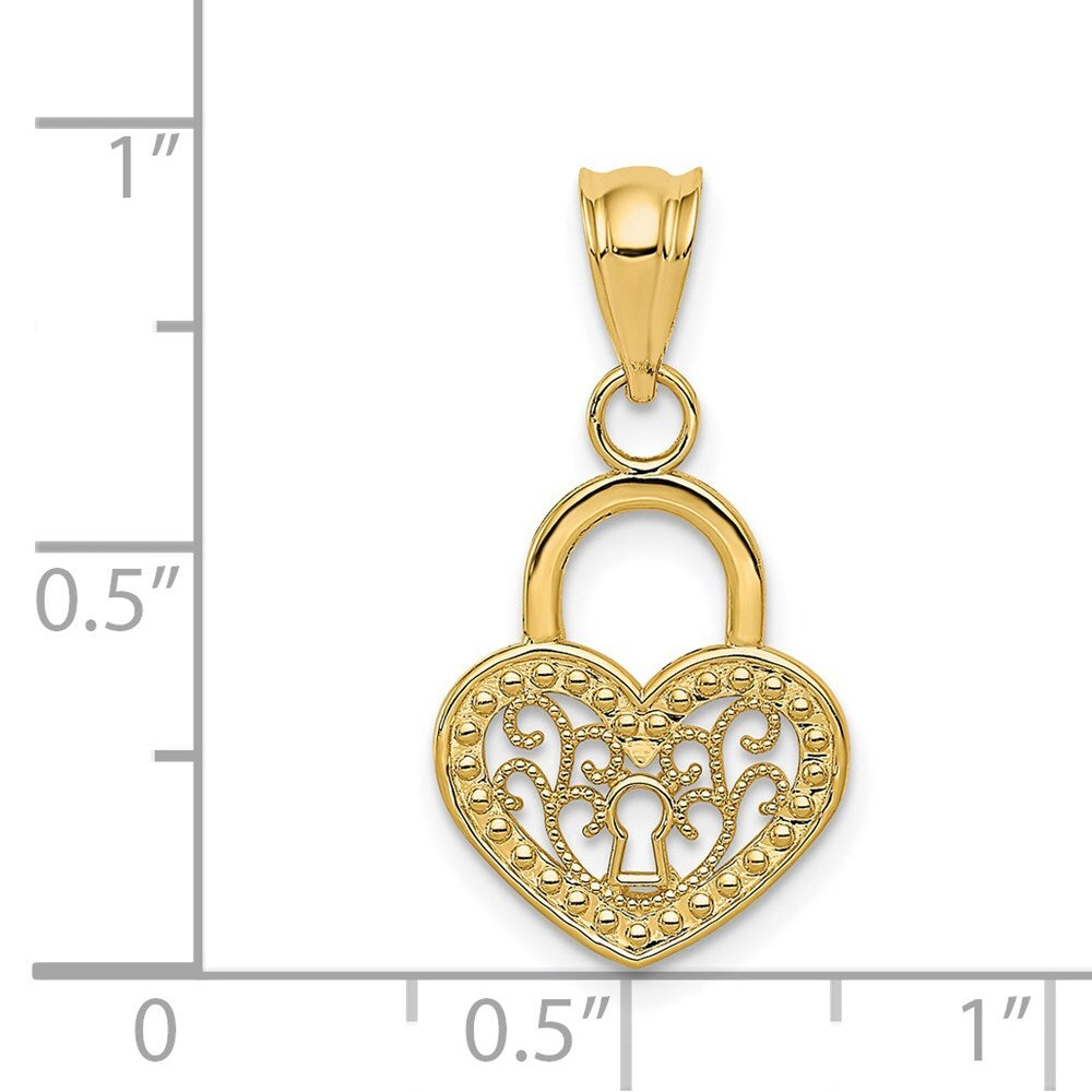 14k Yellow Gold Polished Filigree Heart Lock Charm Pendant for Women