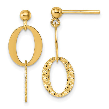 14k Yellow Gold Polished and Textured Fancy Oval Link Post Dangle Earrings