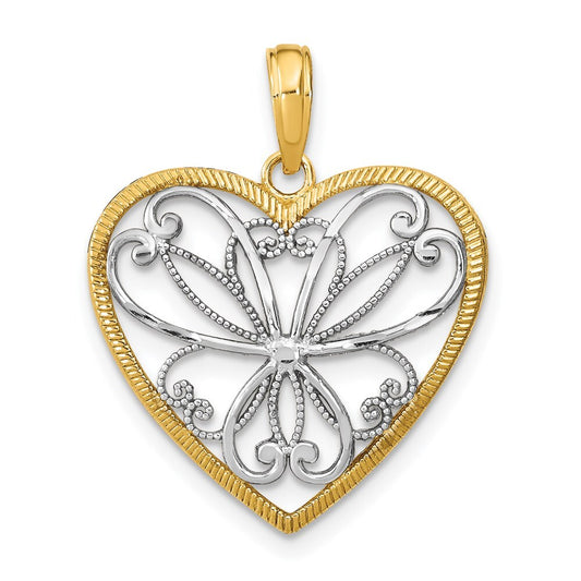 14k Yellow Gold Rhodium Filigree Heart Charm Pendant for Women