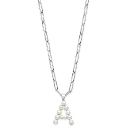 Sterling Silver 3-5.5mm White Button Cultured Pearl LETTER A Necklace 18"