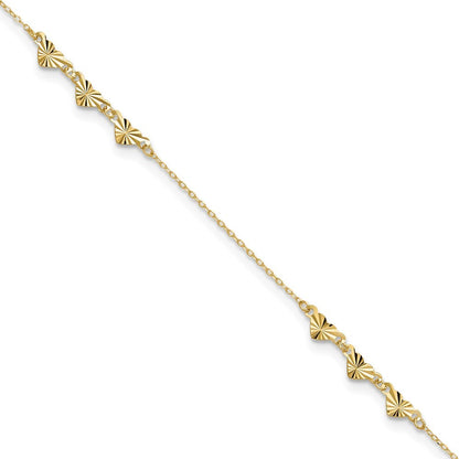 14k Yellow Gold Diamond-cut Hearts 10" Anklet