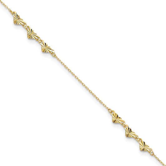14k Yellow Gold Diamond-cut Hearts 10" Anklet