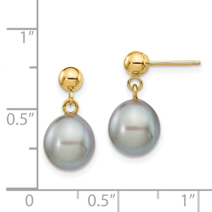 14k Yellow Gold 8-9mm Grey Rice Freshwater Cultured Pearl Dangle Earrings